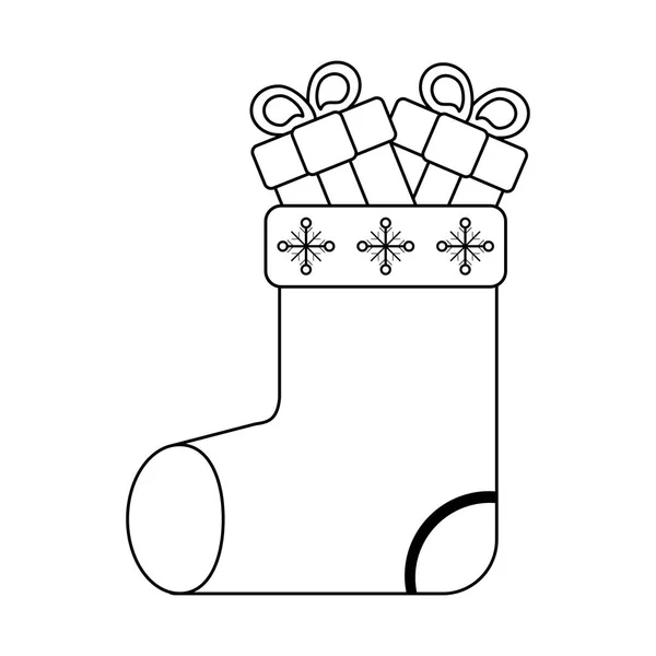Calcetín de navidad con cajas de regalo en blanco y negro — Vector de stock