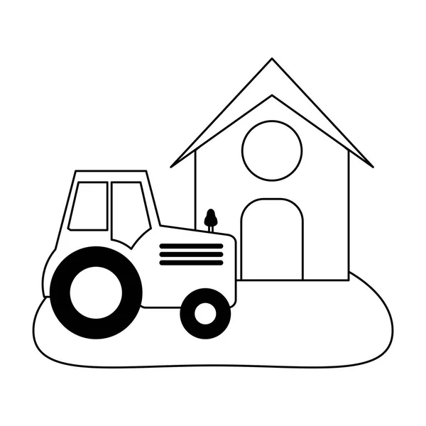 Farm house och traktor svart och vitt — Stock vektor