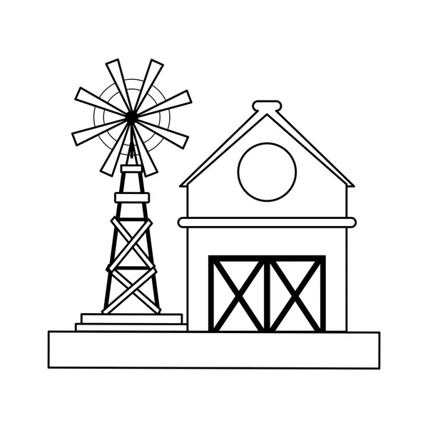 Farm house and windmill black and white — Stock Vector