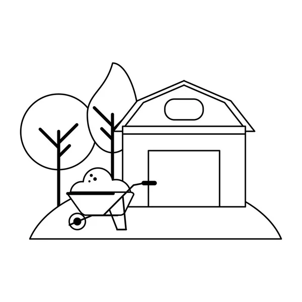 Bauernhaus und Schubkarre mit Boden schwarz-weiß — Stockvektor