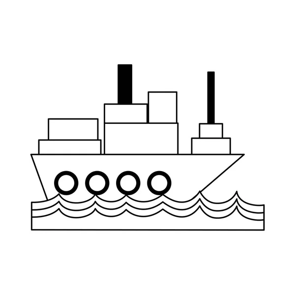 Navio cargueiro com contêiner no mar preto e branco — Vetor de Stock