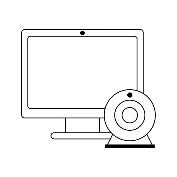 Экран компьютера и веб-камера символ черно-белый — стоковый вектор