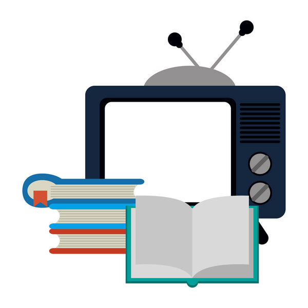 Old tv and books stacked