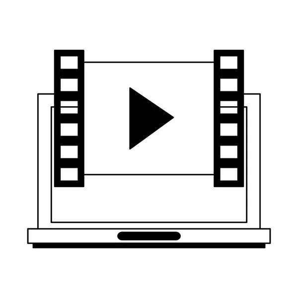 Laptop mit Videoplayer-Symbol in schwarz-weiß — Stockvektor