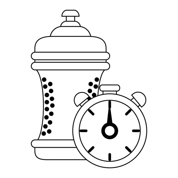 Láhev s vodou a časovač hodiny v černé a bílé — Stockový vektor
