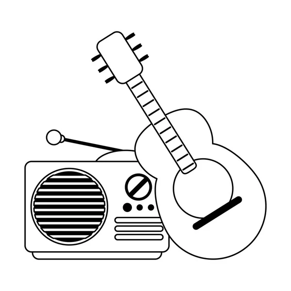 Akustisk gitarr och gammal radio i svart och vitt — Stock vektor