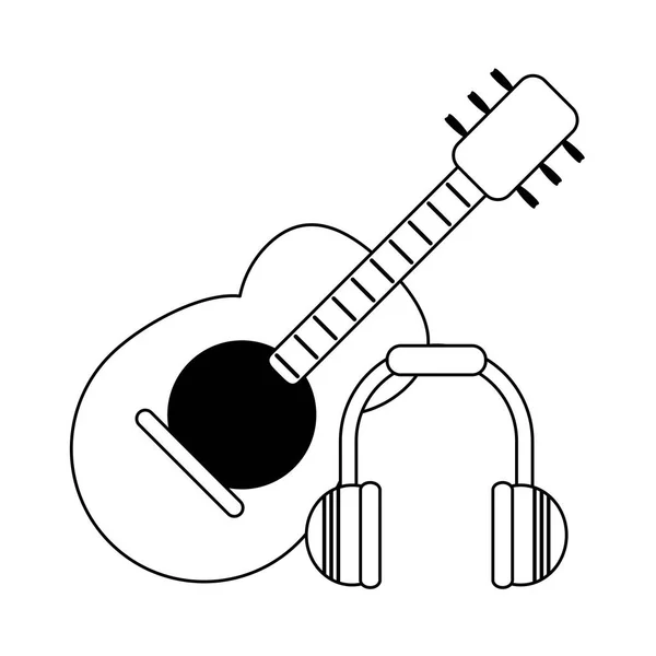 Akustikgitarre und Musikkopfhörer in schwarz-weiß — Stockvektor