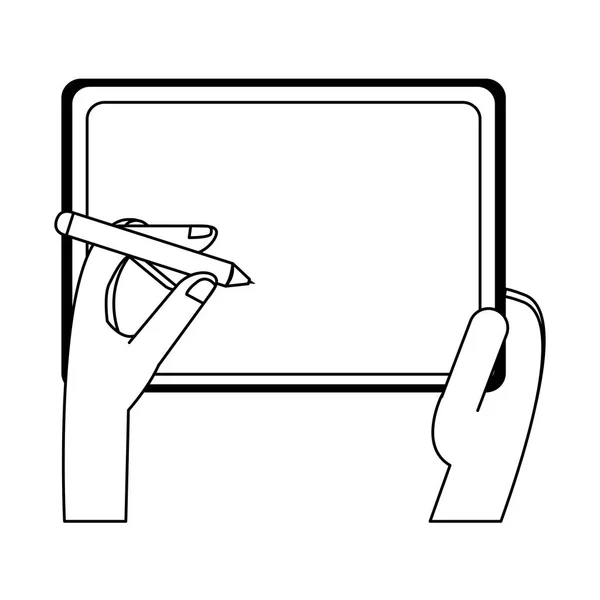 Mains utilisant stylo sur tablette symbole de la technologie en noir et blanc — Image vectorielle