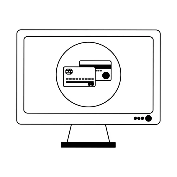 Zakupy online komputera ekran w czerni i bieli — Wektor stockowy
