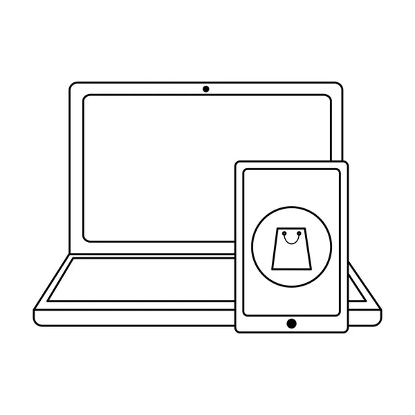 Laptop i smartphone zakupy online w czerni i bieli — Wektor stockowy