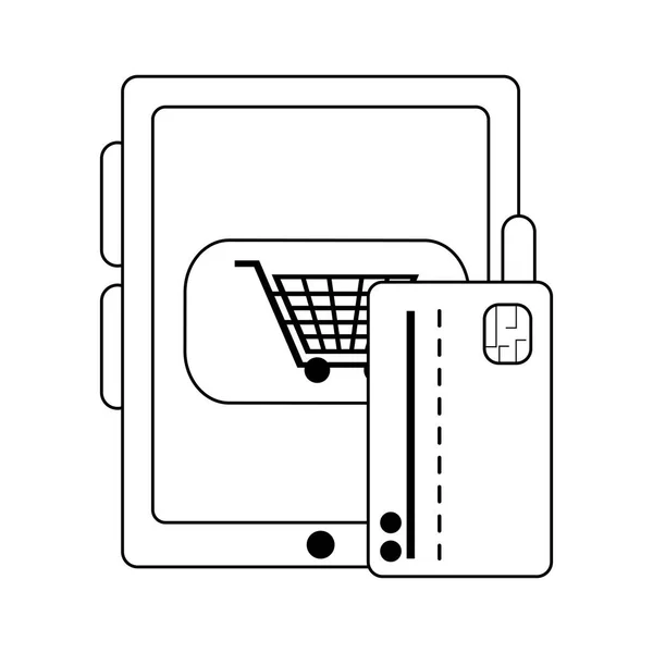 Tablet ve siyah beyaz kredi kartı ile alışveriş online — Stok Vektör