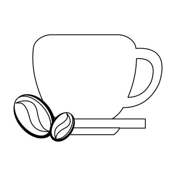 Taza de café en plato con frijoles en blanco y negro — Vector de stock