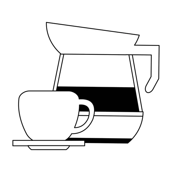 Kaffeekocher und Becher in Schale in schwarz und weiß — Stockvektor