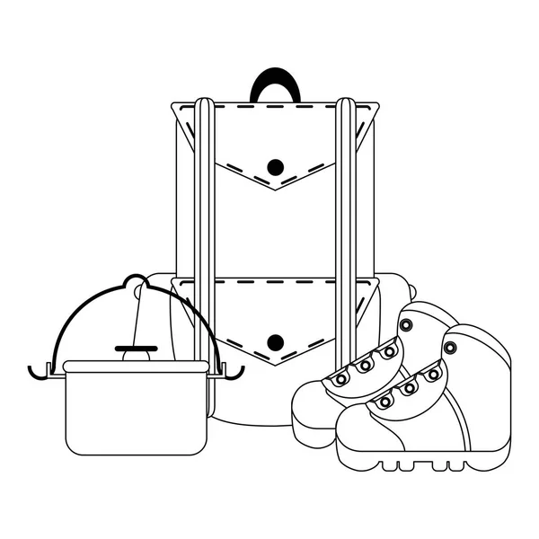 Camping levensstijl apparatuur zwart-wit — Stockvector