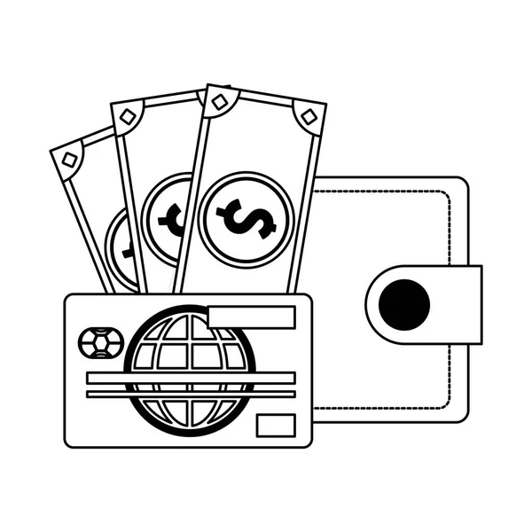 Portefeuille avec argent comptant et carte de crédit noir et blanc — Image vectorielle
