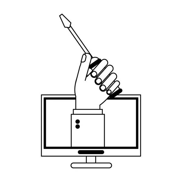 Hand med skruvmejsel på dator skärmen svart och vitt — Stock vektor