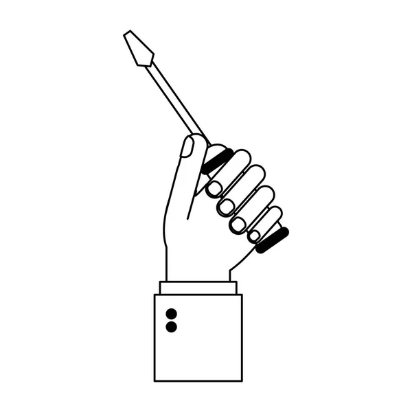 Hand met schroevendraaier cartoon black and white — Stockvector