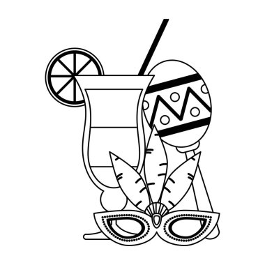 Tropikal kokteyl maraca ve parti siyah ve beyaz maske