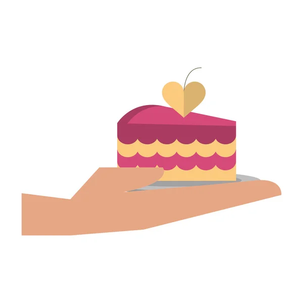 Mão com pedaço de bolo de casamento — Vetor de Stock