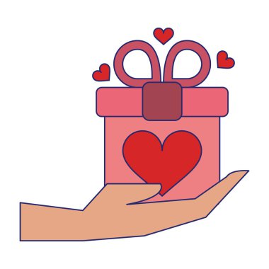 romantik hediye kutusu kalp simgesi mavi çizgilerle el