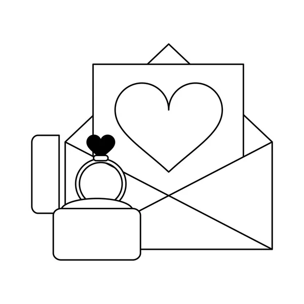Love levél boríték és a wedding ring fekete-fehér — Stock Vector