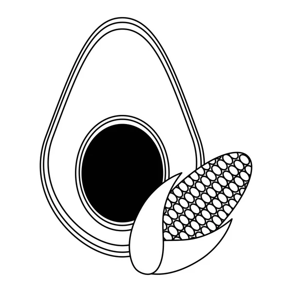 Verduras aguacate y maíz alimentos blanco y negro — Vector de stock