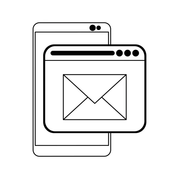 Envío de teléfonos inteligentes y correo electrónico desde el sitio web en blanco y negro — Archivo Imágenes Vectoriales