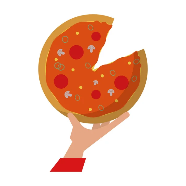 Mano agarrando pizza — Vector de stock