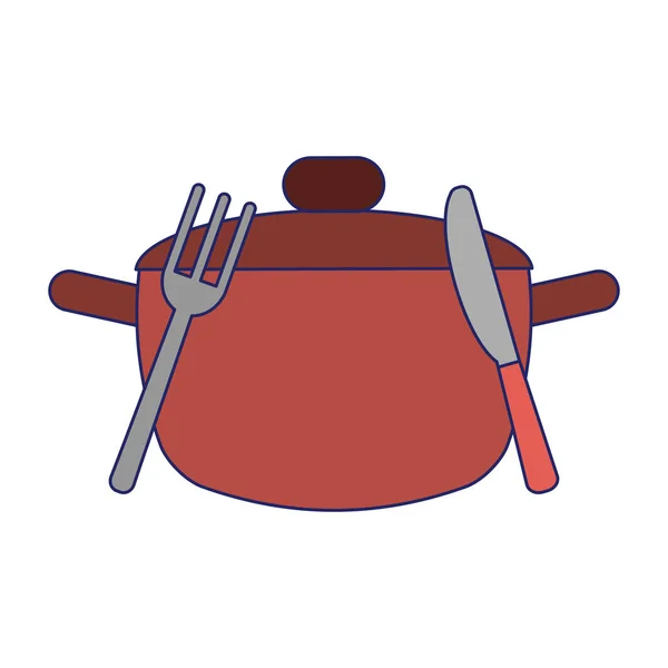 Pot de cuisine avec couverts et couteau lignes bleues — Image vectorielle