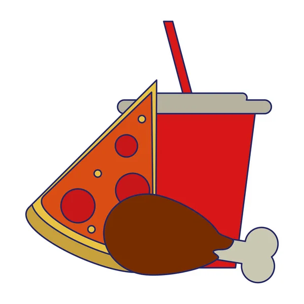 Pizza y refresco con líneas azules de pollo — Vector de stock