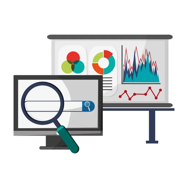 Statistik Whiteboard Och Datorn Med Förstoringsglas Vektor Illustration Grafisk Design — Stock vektor
