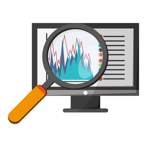 Büyüteç ile bilgisayar ekranında istatistikleri — Stok Vektör