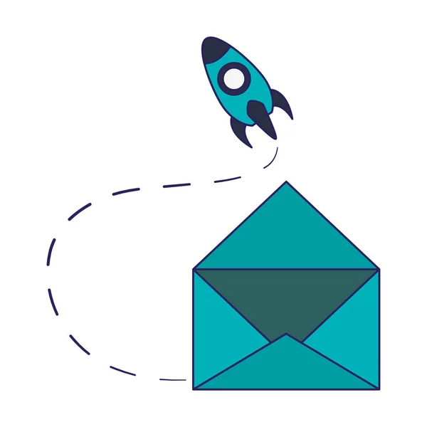 Envelope open with start up rocket symbol blue lines — Stock Vector