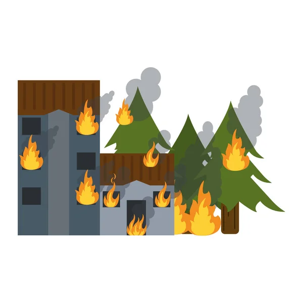 Edificios y bosques en llamas — Vector de stock