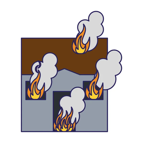 Huis in brand cartoon blauwe lijnen — Stockvector