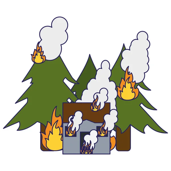 Dům a lesa v požární modré čáry — Stockový vektor