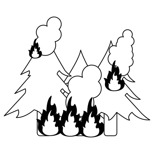 Bosque de árboles en blanco y negro fuego — Vector de stock