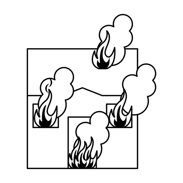 Casa en el fuego de dibujos animados en blanco y negro — Vector de stock