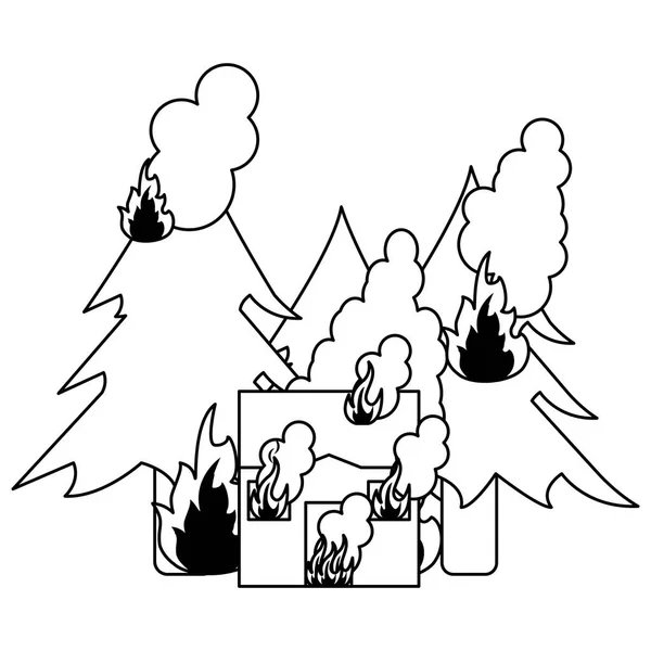 Casa y bosque en blanco y negro fuego — Vector de stock