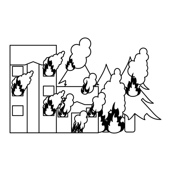 Edifici e foreste in fiamme bianco e nero — Vettoriale Stock