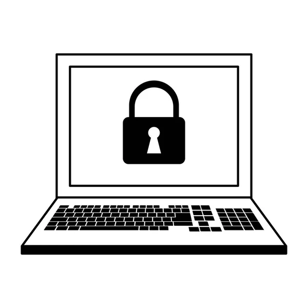 Laptop com sistema de segurança preto e branco — Vetor de Stock