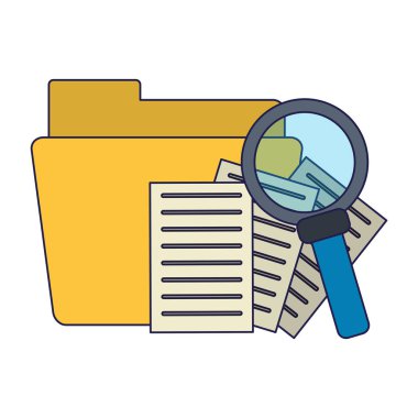 Klasör belgeler ve Büyüteç camı mavi çizgili