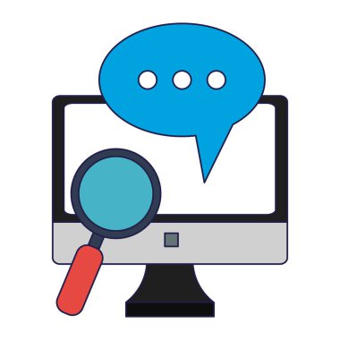 bilgisayar chatbubble ve Büyüteç camı mavi çizgili
