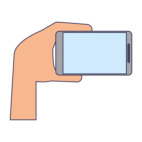 Hand met smartphone blauwe lijnen — Stockvector