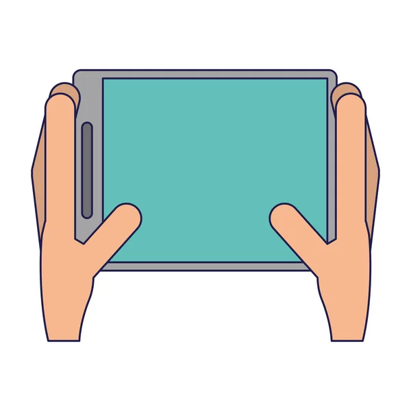 Руки держат смартфон синие линии — стоковый вектор