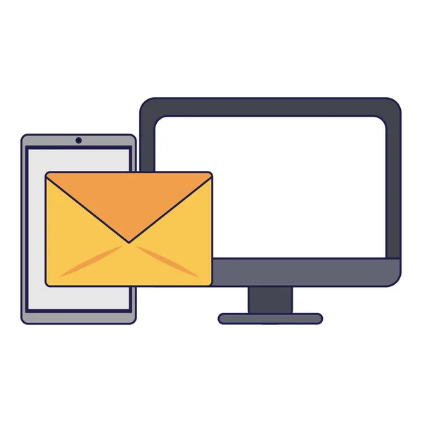 Teléfono inteligente envío de correo electrónico a las líneas azules ordenador — Vector de stock