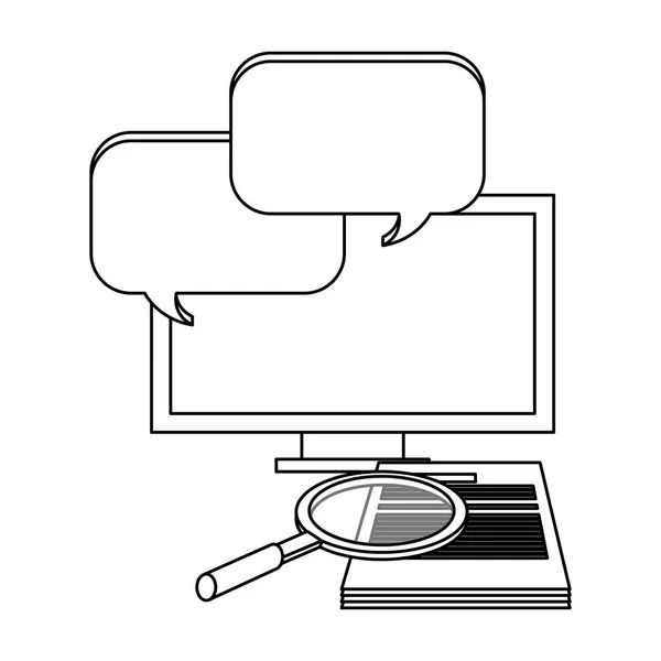 Computador com bolhas de chat e lupa com documento preto e branco — Vetor de Stock