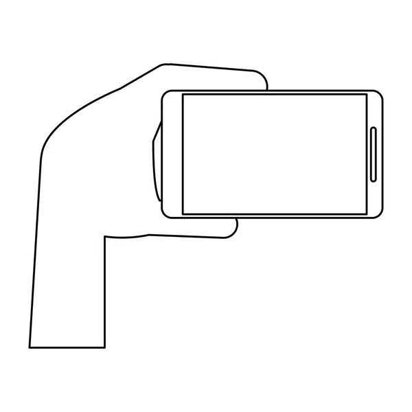 Рука тримає смартфон чорно-білий — стоковий вектор