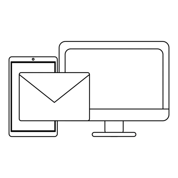 Smartphone e-mail te sturen naar computer zwart-wit — Stockvector