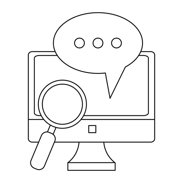 Computador com bolha de chat e lupa preto e branco — Vetor de Stock